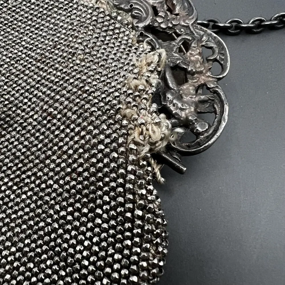 Antique Victorian Cut Steel Beaded sterling Silver Chatelaine Leather Clutch Pu